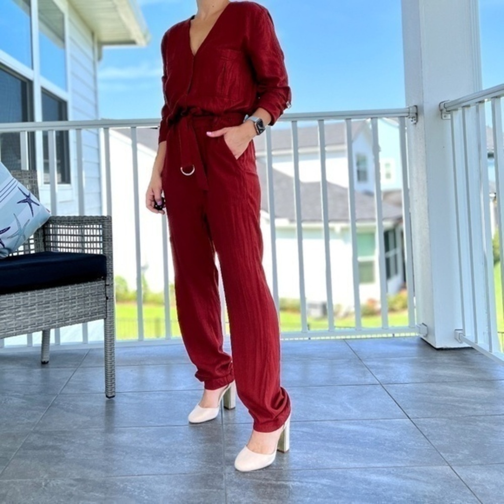 H&M Rust Color Belted Jumpsuit Size 10 Long Sleeves Pockets
